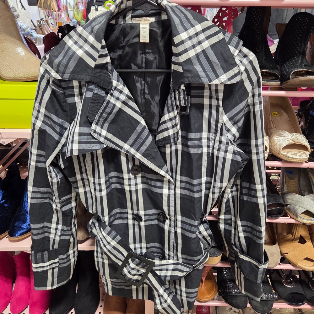 Ambience Apparel Womens Plaid Trench Coat Belted Double Breasted L